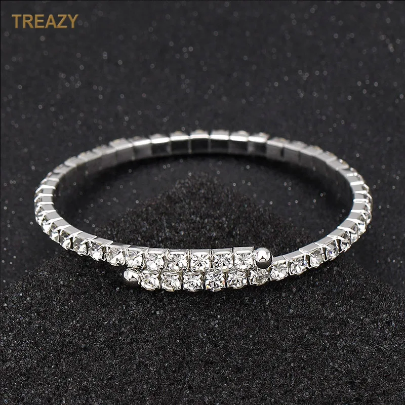 

Simple Silver Plated Crystal Bracelet for Women Diamante Rhinestone Open Cuff Bangles & Bracelets Wedding Prom Jewerlry