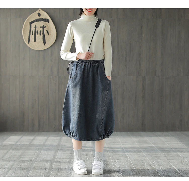 Spring Autumn Skirt Fashion Women Large size Denim skirt New Ladies Elastic Waist pocket Bleached Mori girl Casual Loose skirt