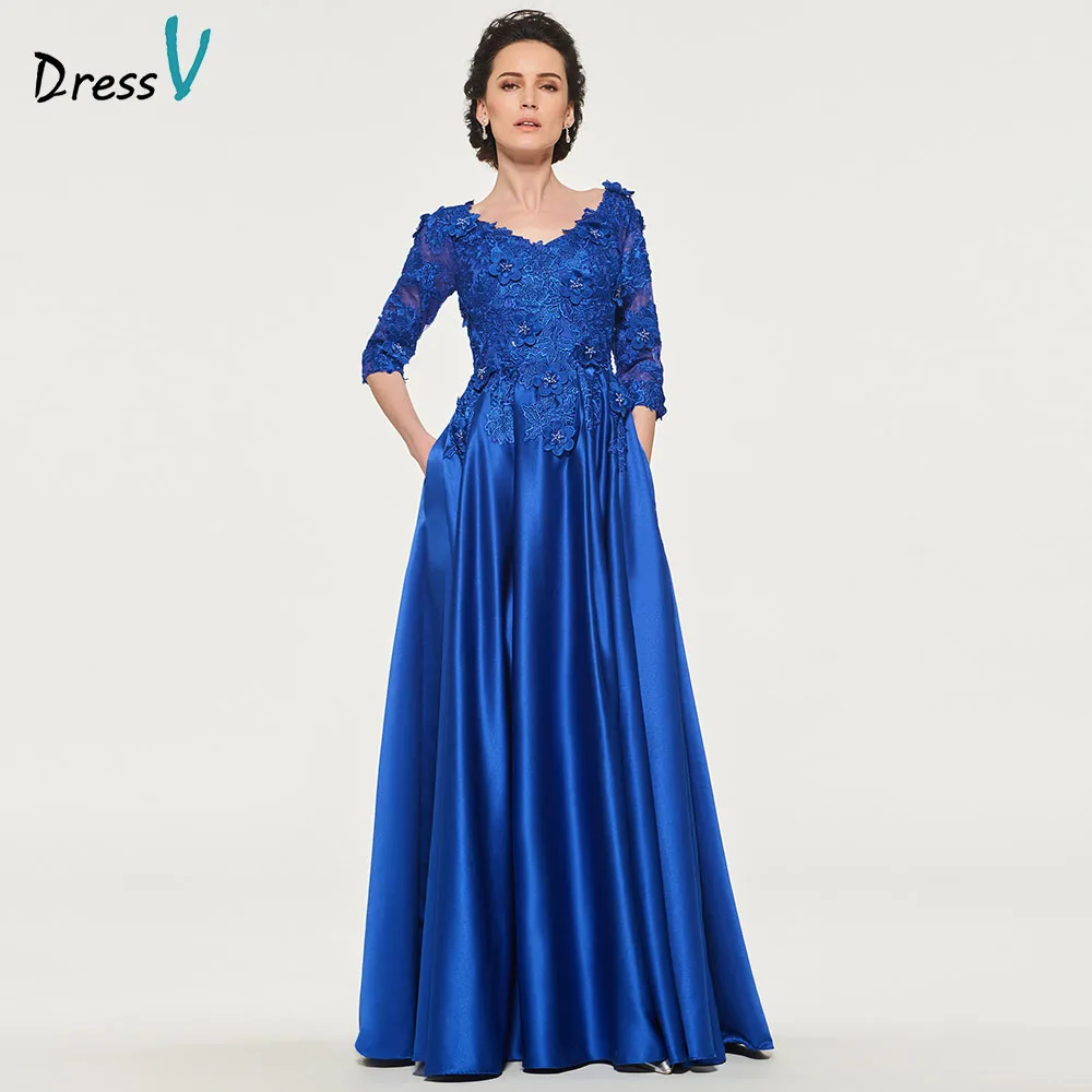 

Dressv dark royal blue mother of bride dress v neck 3/4 sleeves appliques button lace long mother evening gown dresses custom