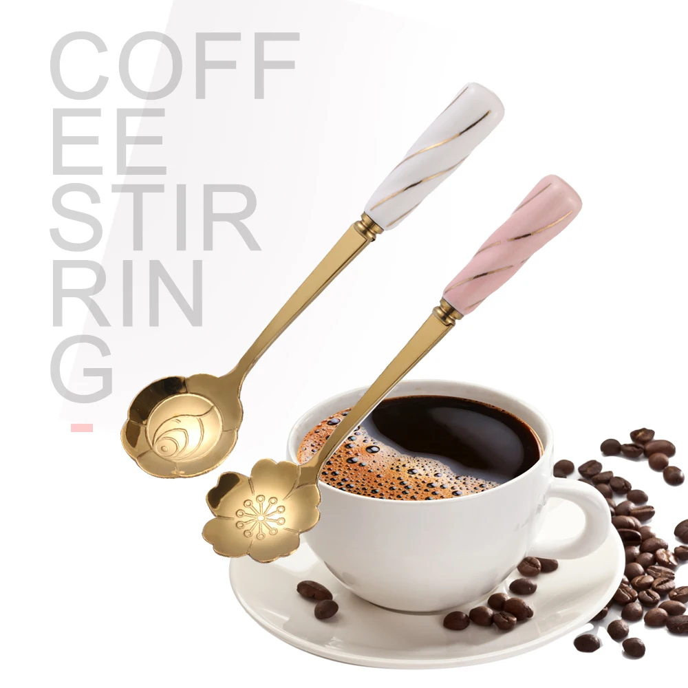 

Cherry Blossom Rose Flower Spoon Gold-plated Ceramic Handle Spoons Coffee Stirring Scoops Tableware Creative Flatware