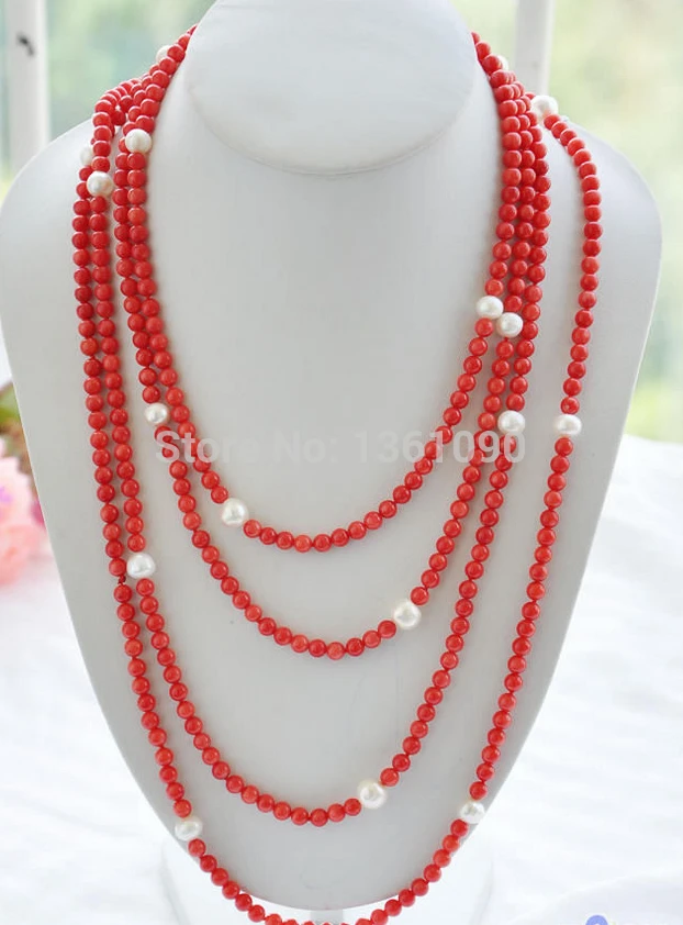

003515 100" 10mm round freshwater white pearl red coral bead necklace (C0309)