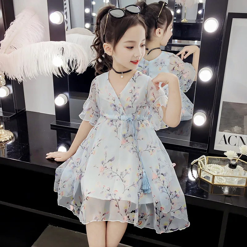 v-neck girls dress lace mesh blue pink cute kid girl summer clothes princess kids dresses a-line floral 4 to 9 years children