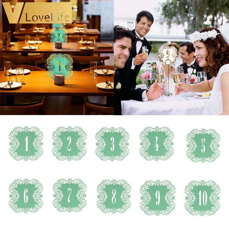 10 шт. бирюзовые пустотелые кружевные настольные карты с номером деревенские