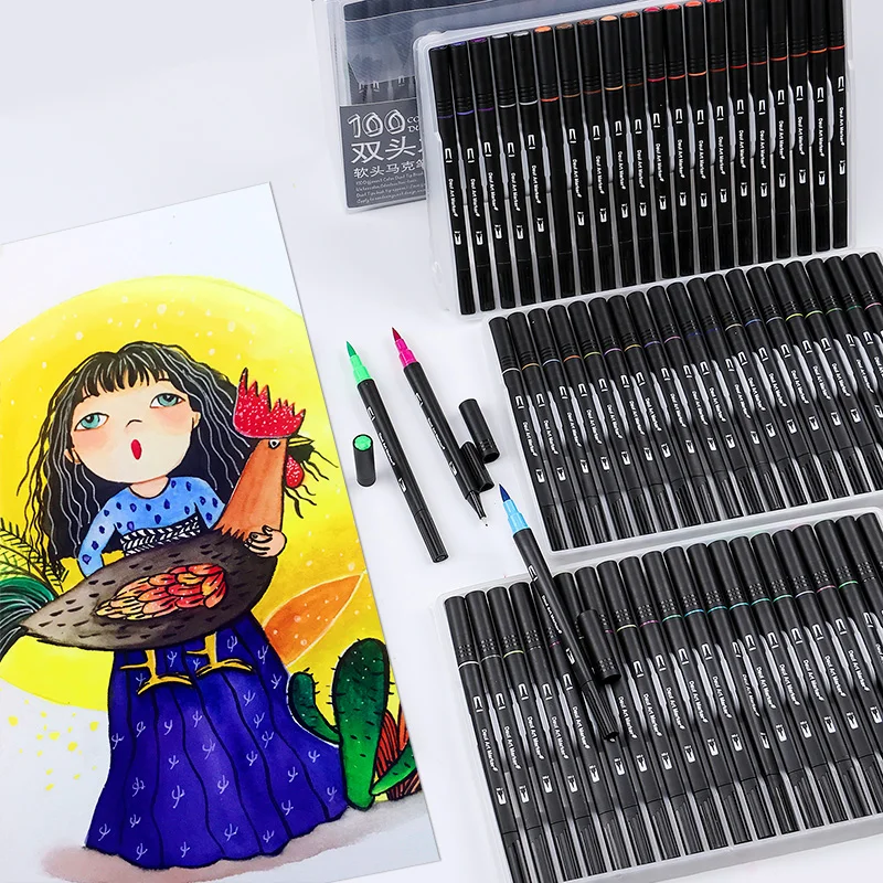 Günstige 100 farbe Dual Pinsel Pen Set Aquarell Stift für Kinder Schriftzug Zeichnung Buchung Kalligraphie Pinsel Marker Kunst Liefert