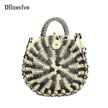

DIINOVIVO New Handmade Rattan Women Round Handbag Vintage Retro Straw Knitted Shoulder Bag Spring & Summer Beach Totes WHDV0228