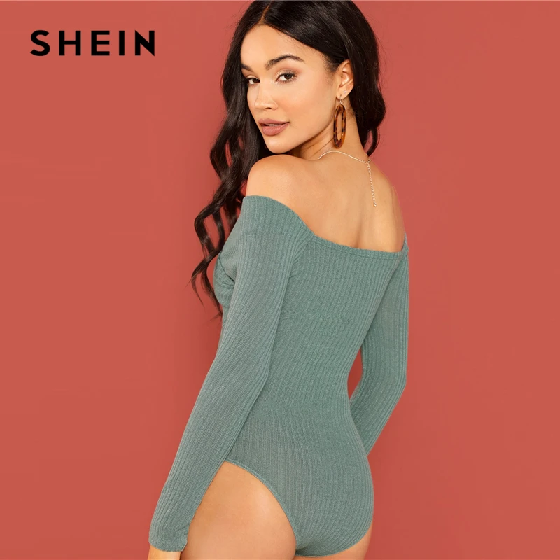 SHEIN الأخضر الصليب التفاف الجبهة ضلع متماسكة باردو ارتداءها أنيقة قبالة الكتف نحيل داخلية النساء الخريف عادي ارتداءها