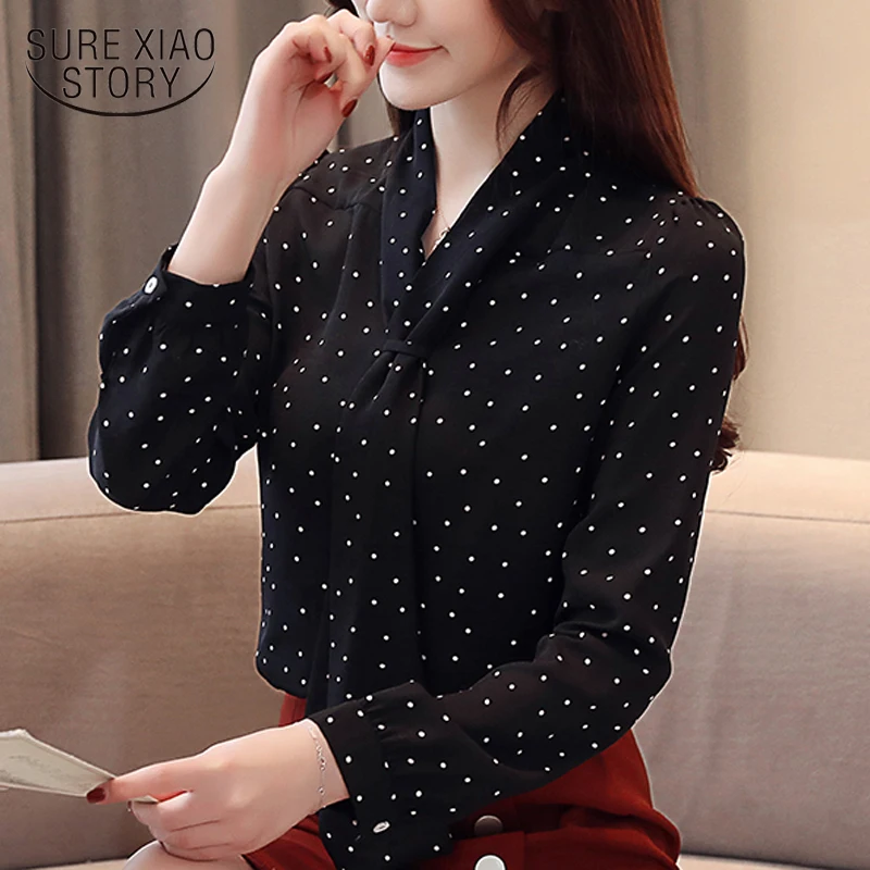 

fashion blouse for women 2019 dot wave point long sleeve chiffon blouse shirt women shirts bow V collar office blouse 2491 50