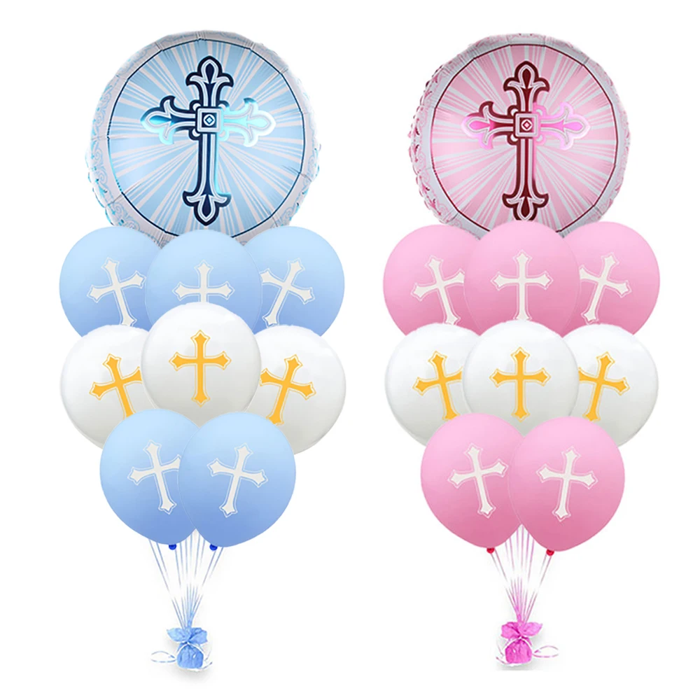 

9pcs Pink Blue Cross Balloon Set Inflatable Helium Foil Air Ballon Baptism Forked Holy Communion Party Christening Decoration