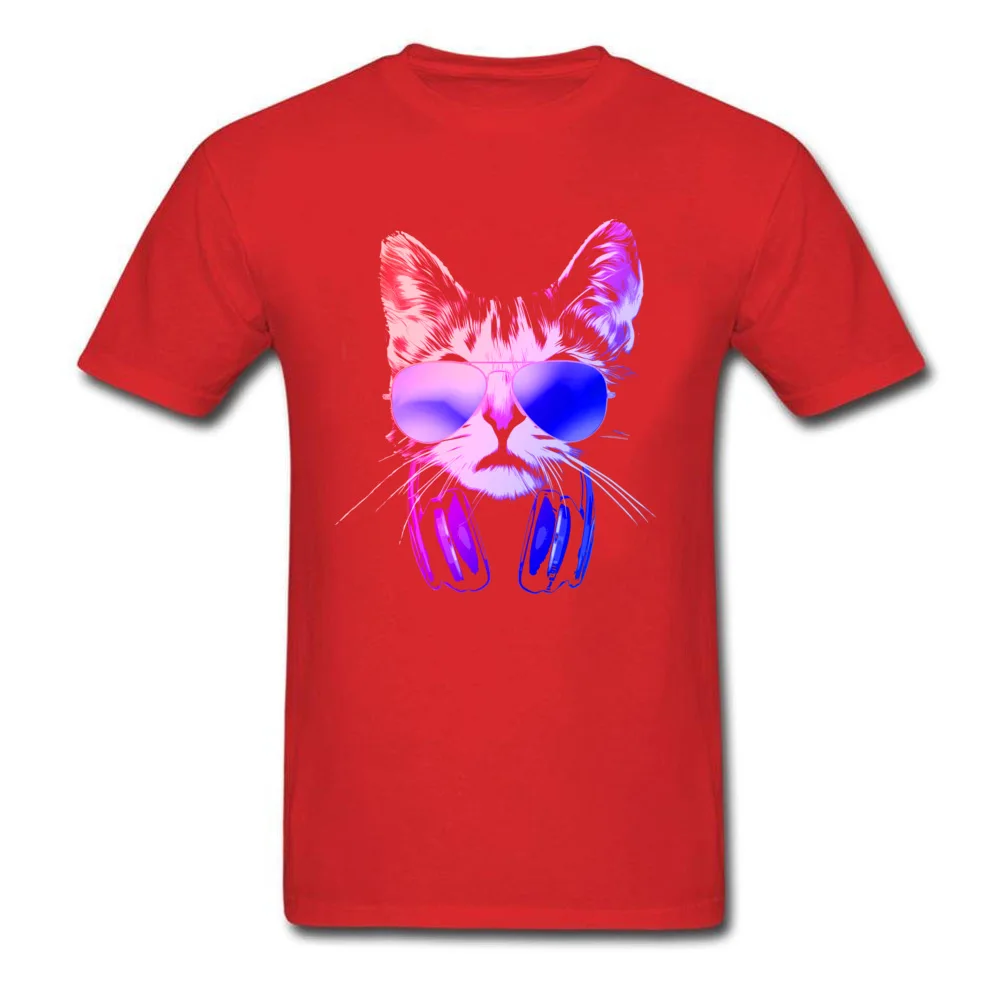 Adult 2018 Tops Shirt Crew Neck Mother Day 100% Cotton Fabric T Shirt Casual Short Sleeve Cool Neon DJ Cat Clothing Shirt Cool Neon DJ Cat red