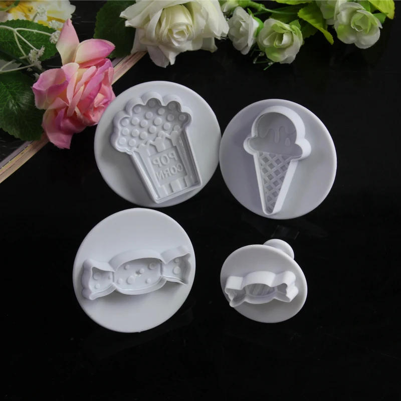 4Pcs Ice Cream And Candy Plastic Plunger Cutter Cookie Mold Embossing