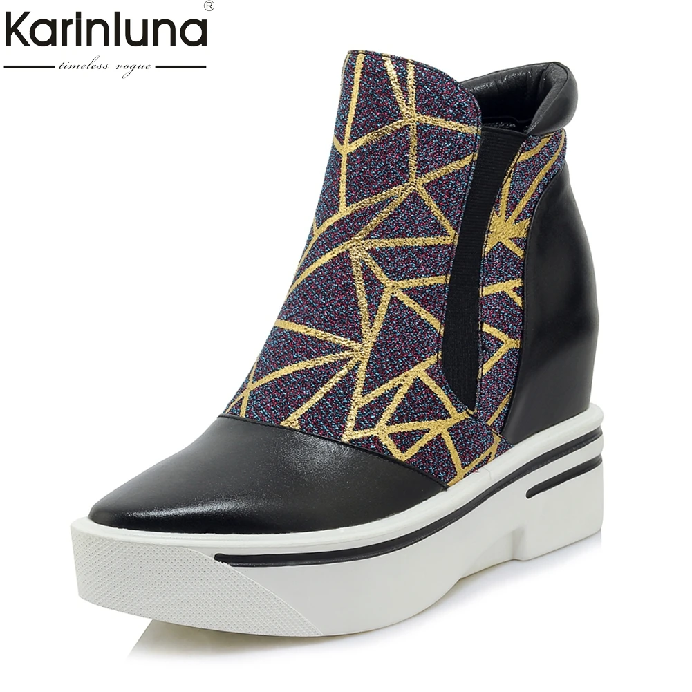 

Karinluna brand new design Cow Leather leisure causal Shoes Woman Boots inner high Heels Platform Ankle Boots Woman Shoes