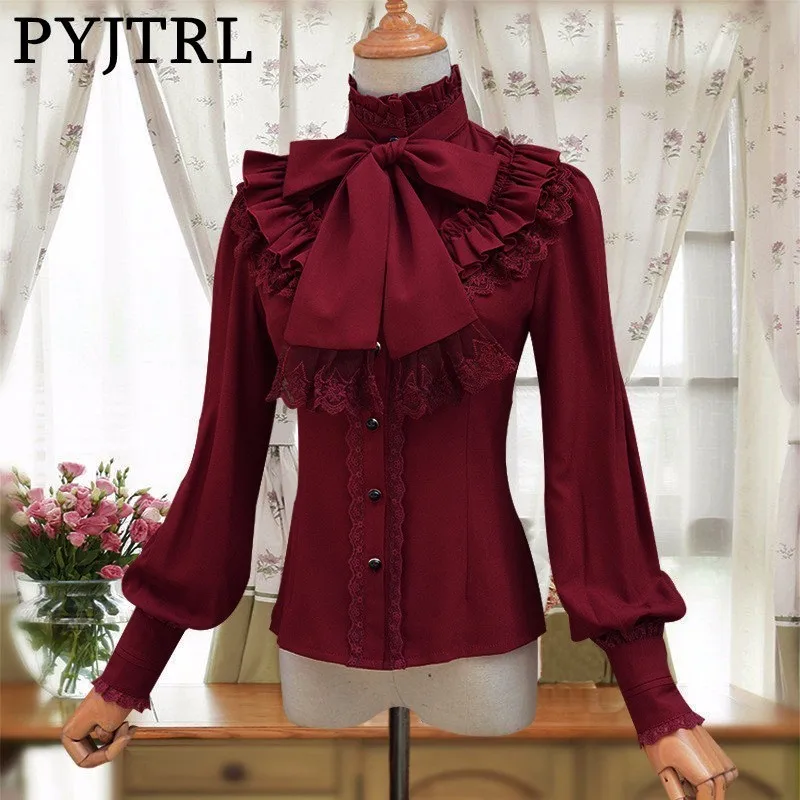 PYJTRL Vintage LOLITA Wine Red Black Blue White Long Sleeve Chiffon Shirt Women Stand Collar Elegant Blusas Female Gothic Blouse PYJTRL Vintage LOLITA Wine Red Black Blue White Long Sleeve Chiffon Shirt Women Stand Collar Elegant Blusas Female Gothic Blouse