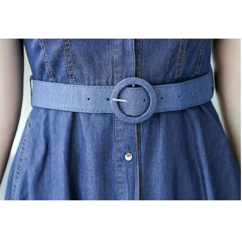 Sleeveless dress summer women 2018 denim dress Plus size Single-breasted top Lace collar Belt Slim female long jeans dress N095