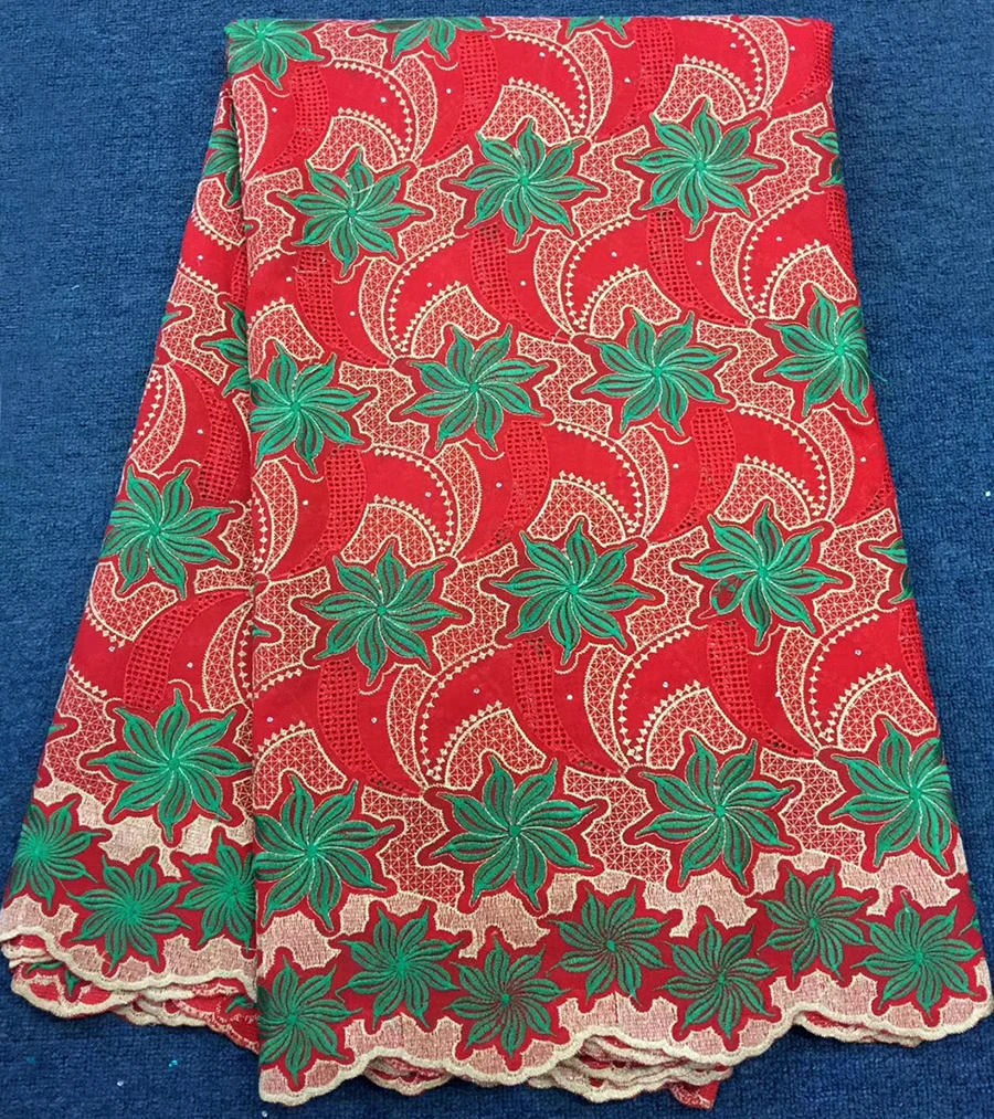 

2018 Hot selling african high quality embroidered Swiss cotton african lace fabric Red+Green Embroidery Swiss voile lace