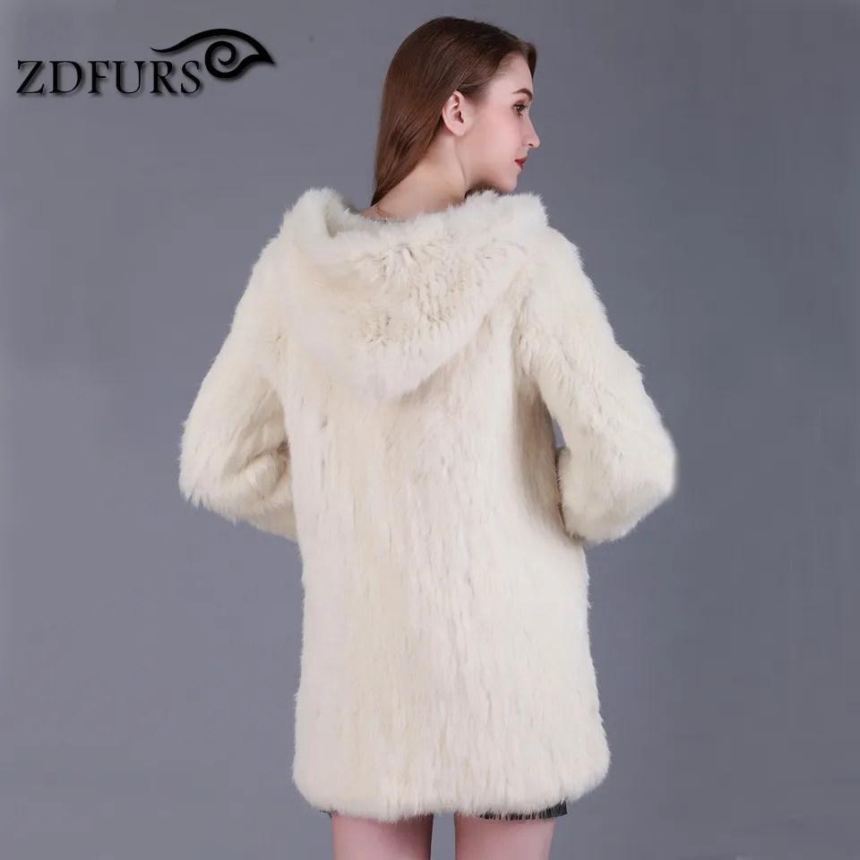 ZDFURS * Новинка ручная работа вязаное пальто из кроличьего меха с капюшоном длинная