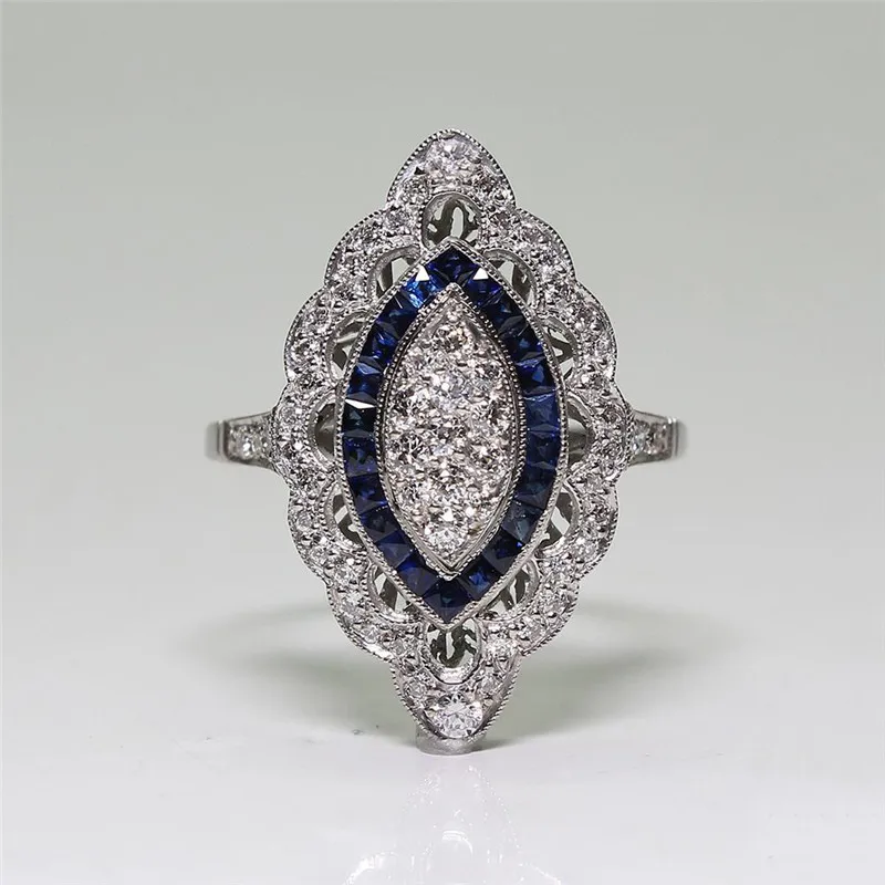Blue Stone Rings for Women Wedding Engagement Ring Silver Color Rhinestone Ring Bague Femme Luxury Jewelry Anillos Mujer Q574