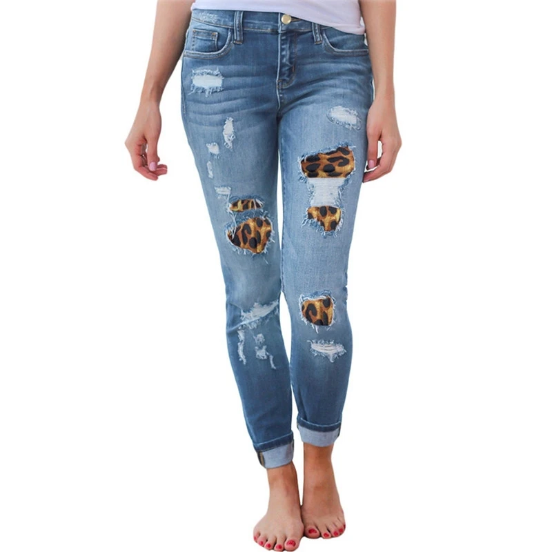 Джинсы с высокой талией для Женщин, Модные Узкие с дырками, леопардовые Лоскутные Длинные джинсы, сексуальные рваные джинсы, штаны, джинсы с эффектом пуш-ап, Джинсы бойфренда