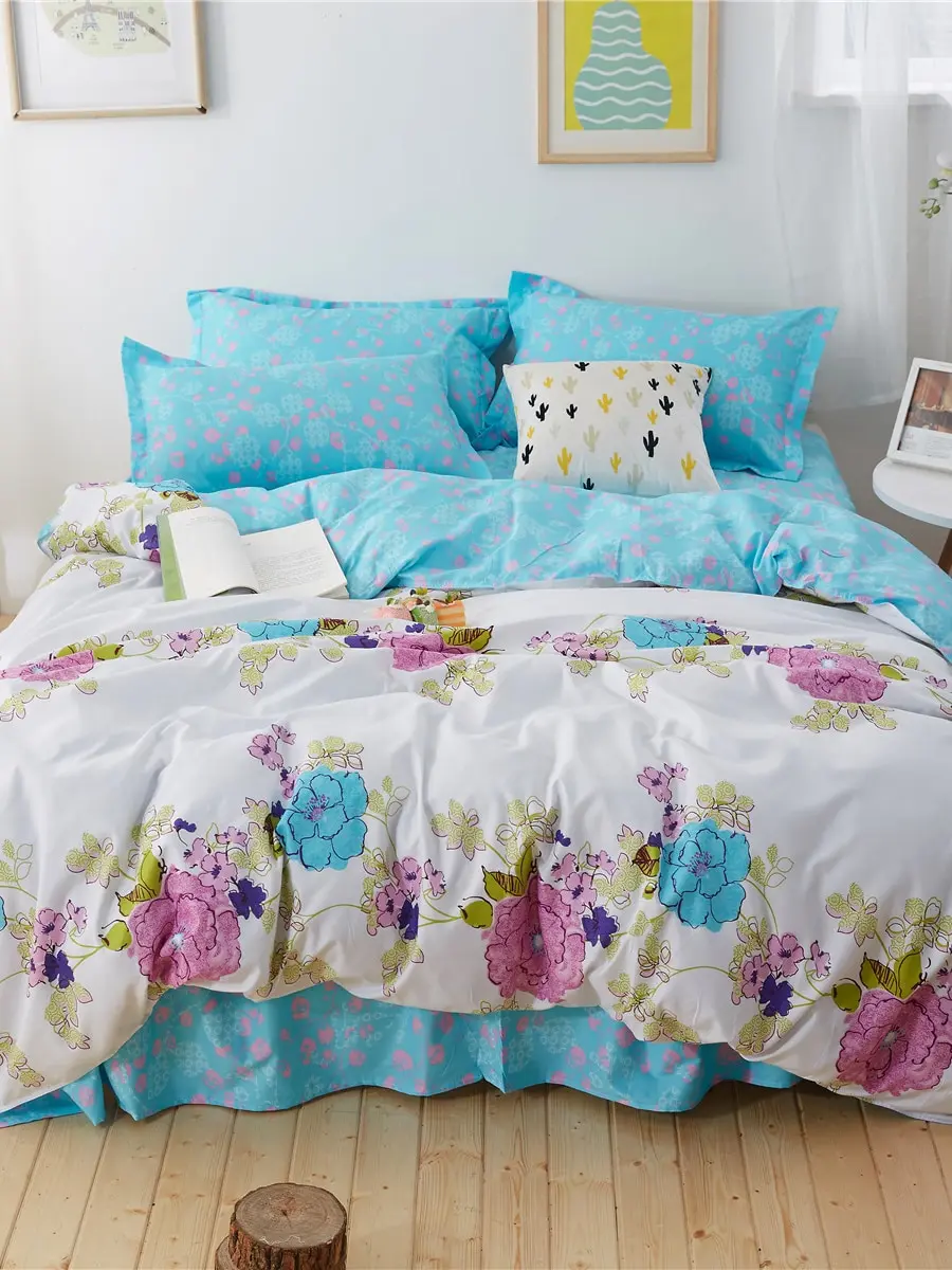 

4Pcs Bedding Set Plain Fresh Style Floral Pattern Soft Comfy Duvet Cover Set