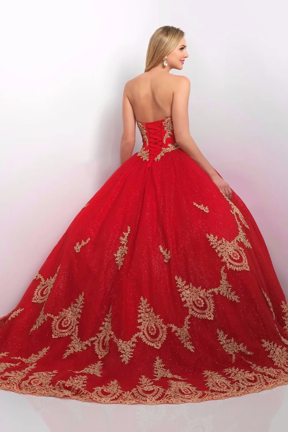 Liuru Dress Sweetheart Quinceanera Dresses Gold Appliques Crystal Ball Gown Prom Dress Gold And Red 18