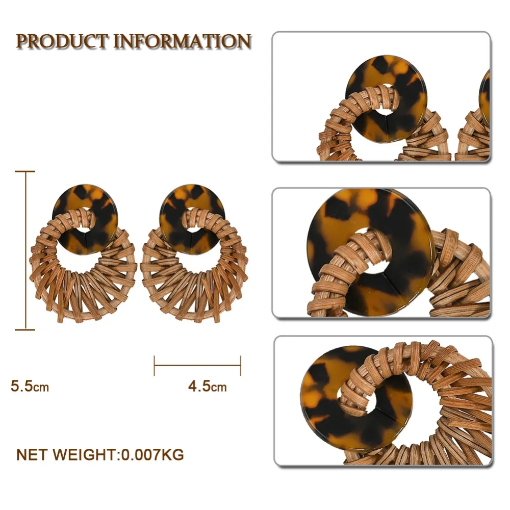 Dvacaman, Ротанговые деревянные серьги для женщин, Леопардовый принт, полимерные свисающие серьги, геометрические круглые массивные серьги, ювелирное изделие