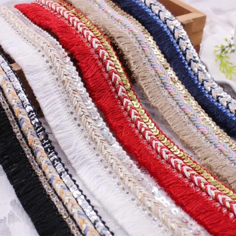

3cm width Sewing Decoration Cotton Fringe Tassel Trim Thin Lace cord braided sequin rhinestone ribbon