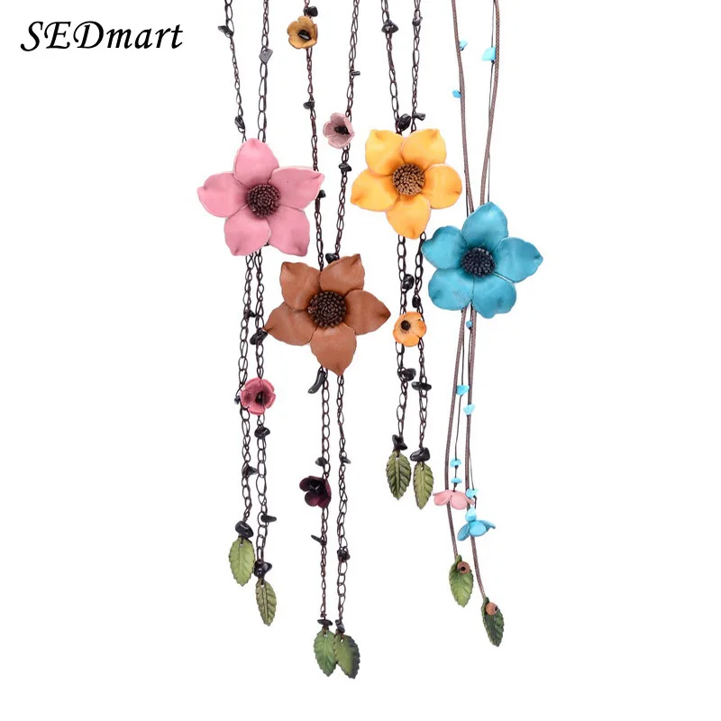 

SEDmart 17 Colors Leather Flower Leaf Long Pendant Necklace Bohemian Style Leather Chain Max Necklace For Women