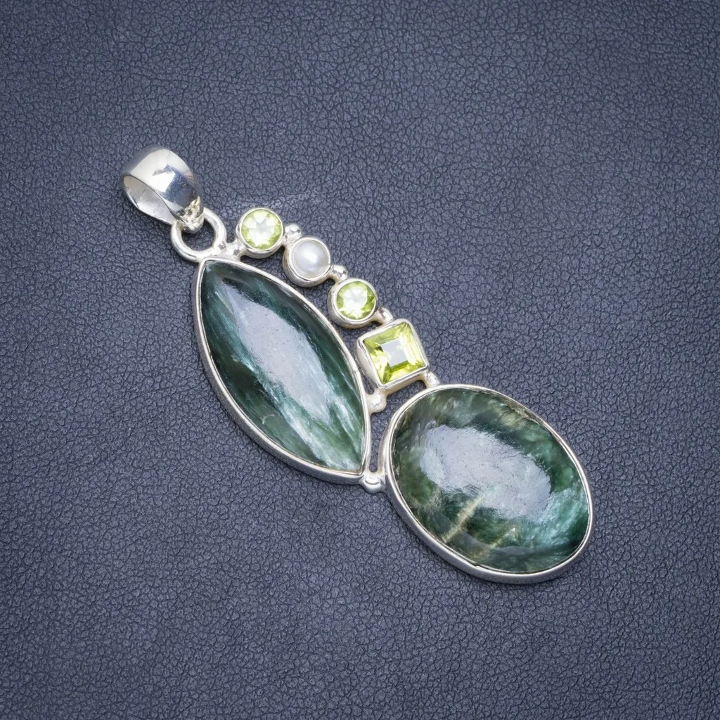 

Natural Seraphinite,Peridot and River Pearl Handmade Unique 925 Sterling Silver Pendant 2.25" A0437