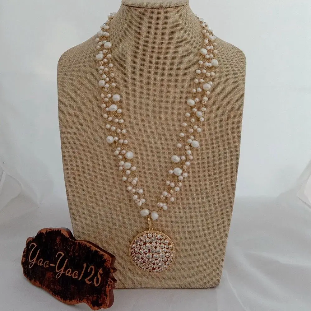 

25'' 4 Rows White Pearl Chain Necklace 50MM Cz Pave Pendant