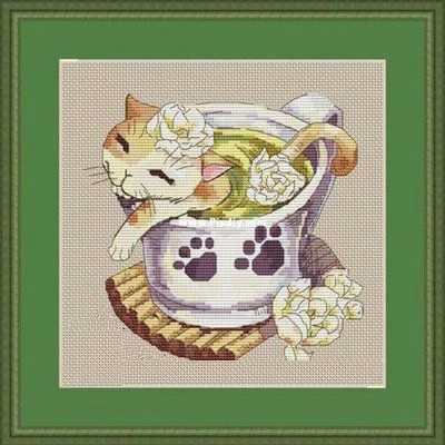 

Needlework 14CT Cross Stitch, DIY Count Cross Stitch, Embroidery Set, Cat jasmine tea