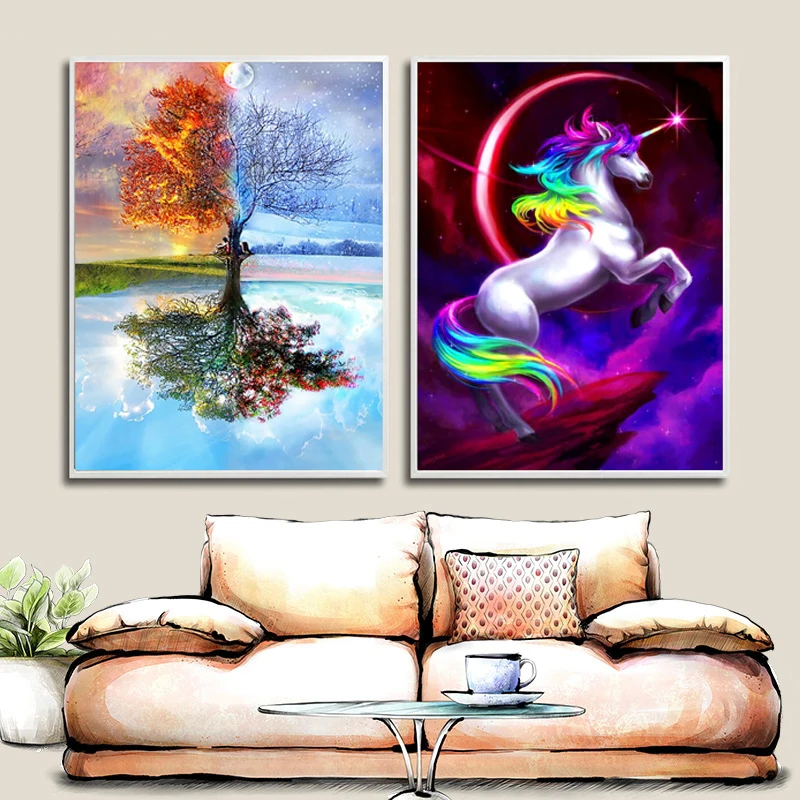 

DIY Diamond Painting Princess Ponies & Season Tree Cross Stitch Full Diamond Embroidery Mosaic Home Decor Diamond Landscape