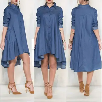 

Women Casual Loose Long Sleeve Denim Jeans Blouse Shirts Sundress Short Mini Vestido Cocktail Party Clubwear Outfits Shirts Top