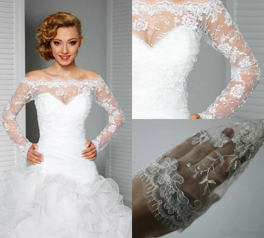 

2019 New Elegant Off Shoulder Custom White/Ivory Appliques Lace Wedding Jackets Bridal Boleros Long Sleeves Jacket
