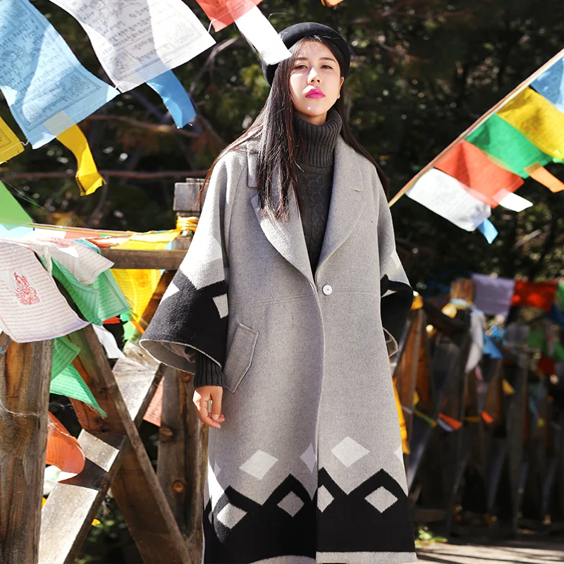 pourpre 2017 Femmes Entaillé De Arrivée Gris Manteau Lâche Long D'hiver Col Plaid Mx150 Nouvelle Imprimer Laine nP0N8wyvOm