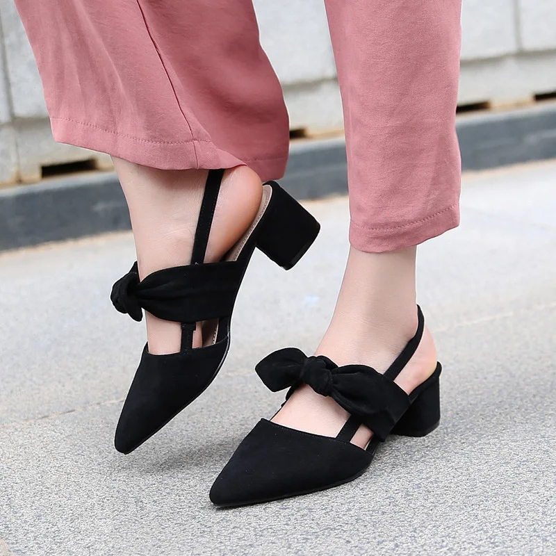 

2019 summer new style simple simple solid color high heel women suede bow decoration square heel casual single shoes