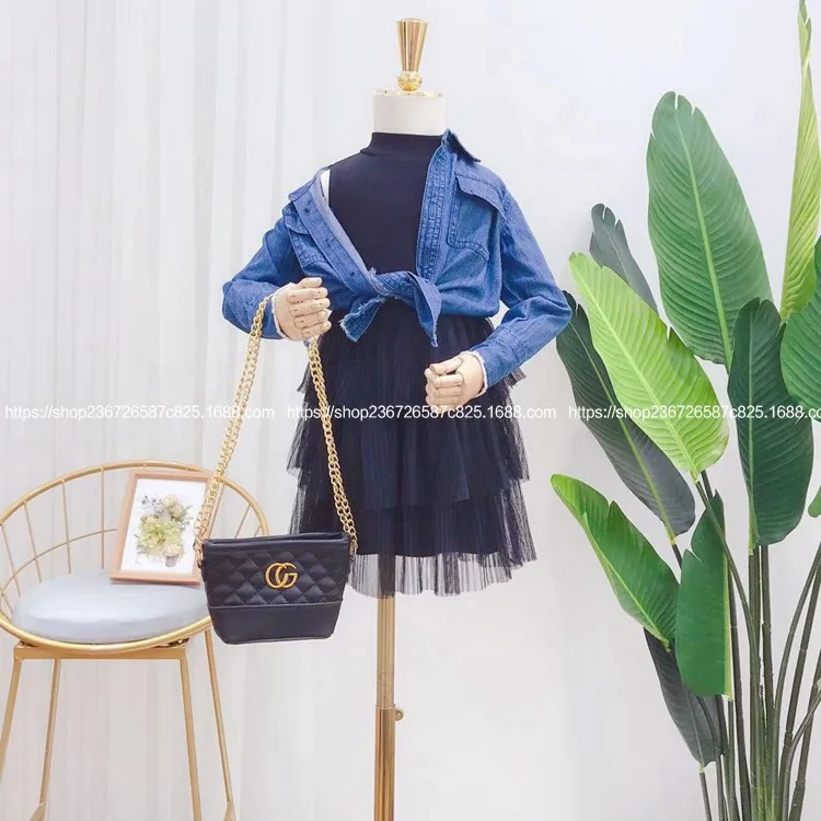 

Western style children's clothing girls 2019 new fall denim shirt solid color vest cake skirt piece fitted