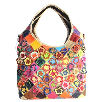 

QINRANGUIO Genuine Leather Women Bag 100% Cow Leather Women Handbags Patchwork with Flowers Shoulder Bag Women Messenger Bags