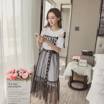 

Paris Girl Women's Summer Cotton Long High Street Strapless T-Shirt Mesh See-Through Skirt Set Women's Fashion Hole Belt Set
