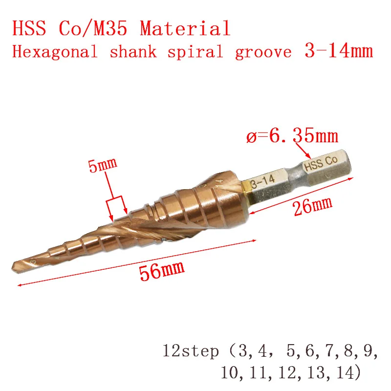 

New HSS-Co Cobalt Spiral Grooved Step Drill Bits 1/4" Hex Shank Wood Metal Cone Drilling 3-14mm Hole Saw M35