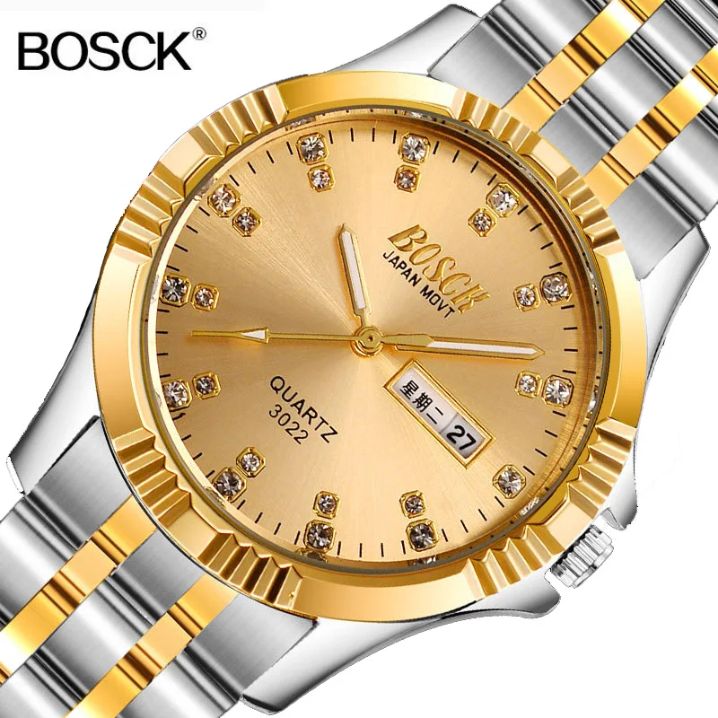 

BOSCK Role Luxury Men Watch Full Stainless Steel Gold Quartz Watch Famous Brand Men's Gold Wristwatch Waterproof Calendar Clock