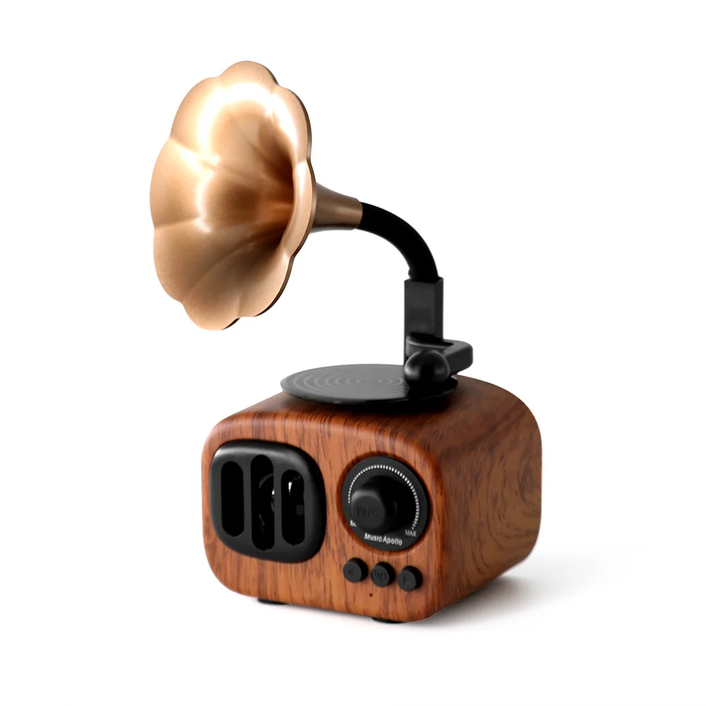 

Retro Trumpet Style Bluetooth Speaker Wireless Stereo Subwoofer Music Box Wooden Speakers with Mic FM radio TF for Phone