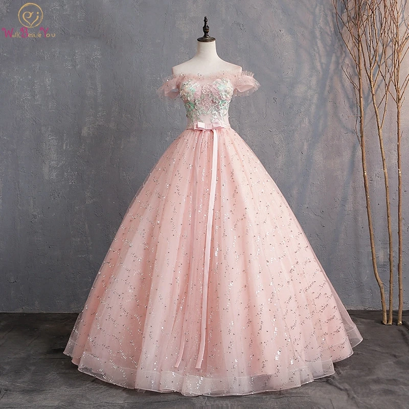 

Pink Ball Gown Quinceanera Dresses Lace-up Off Shoulder Strapless Floor Length Beading Appliques Flowers Bow Sequined Tulle Gown