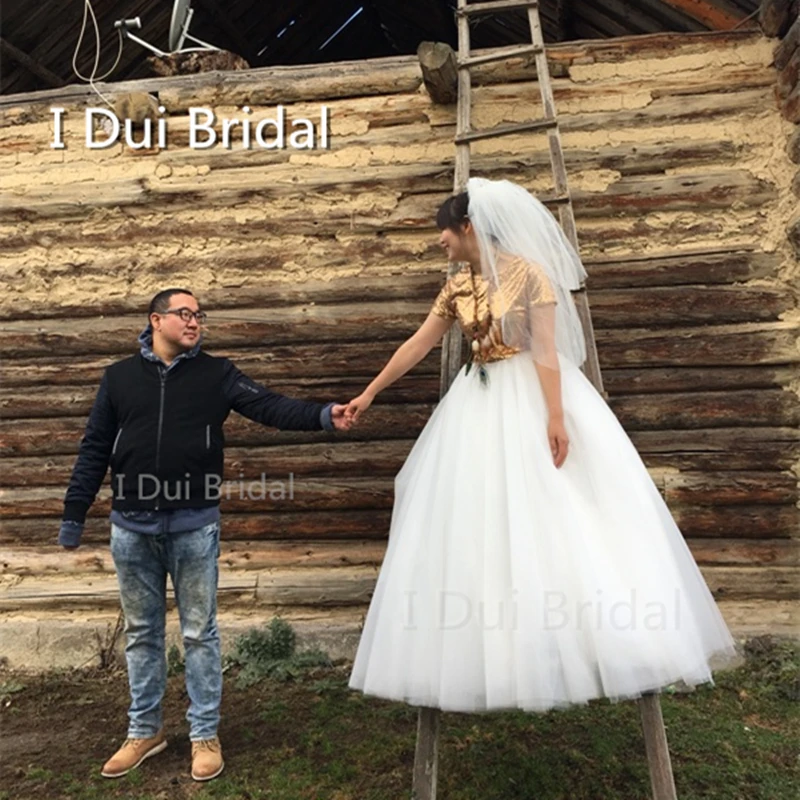 Из двух частей металлических блесток Топ Тюль Слои Свадебные платья Новинка 2017 года; стильное платье свадебное платье индивидуальный заказ