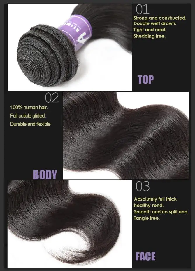 Malaysian Body Wave Hair Bundles 100% Human Hair Weave Bundles Alimice Hair Extension Non-Remy Hair Weaving 100g Natural Color (8)