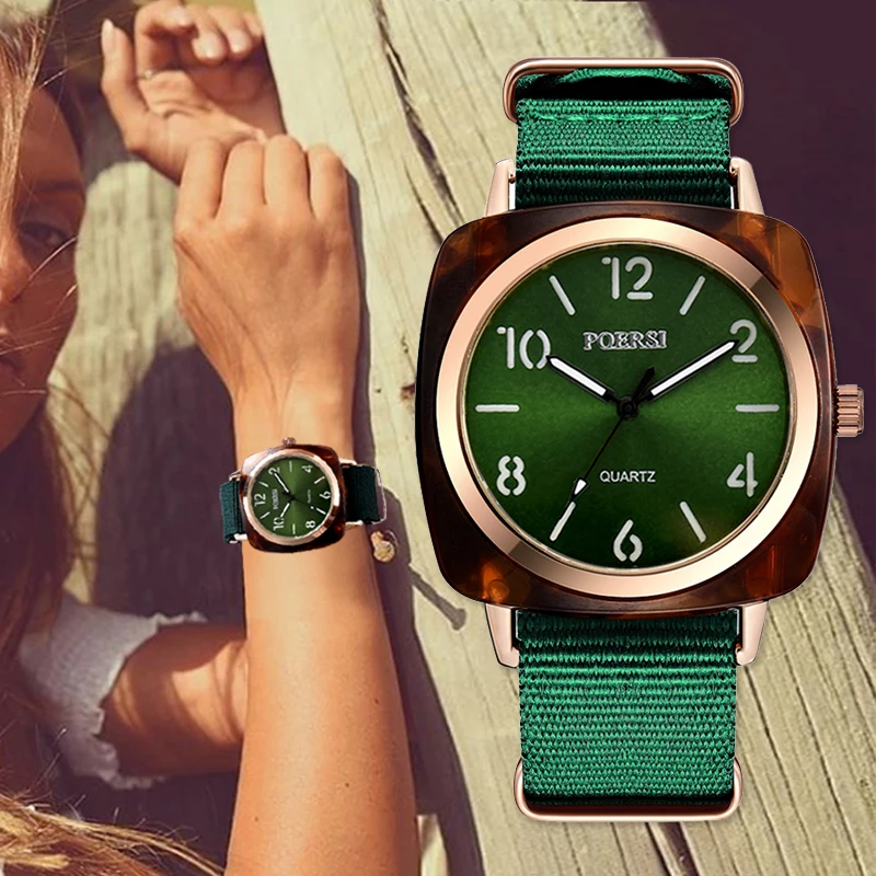 

Fashion Men Canvas Strap Dress Quartz Clock Watches For Women Luxury Simple Green Square Dial Sports Wrist Watch 2019 New