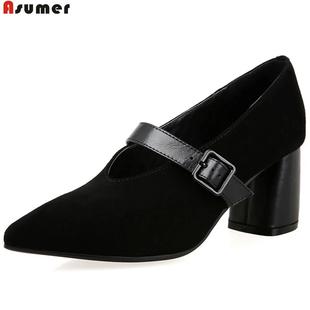 

ASUMER black gray fashion spring autumn ladies single shoes pointed toe buckle thick heel women suede leather high heels shoes