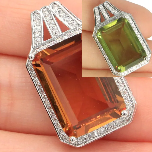 

Deluxe Big Rectangle Gemstone Changing Color Spinel CZ Present Silver Pendant 27x16mm