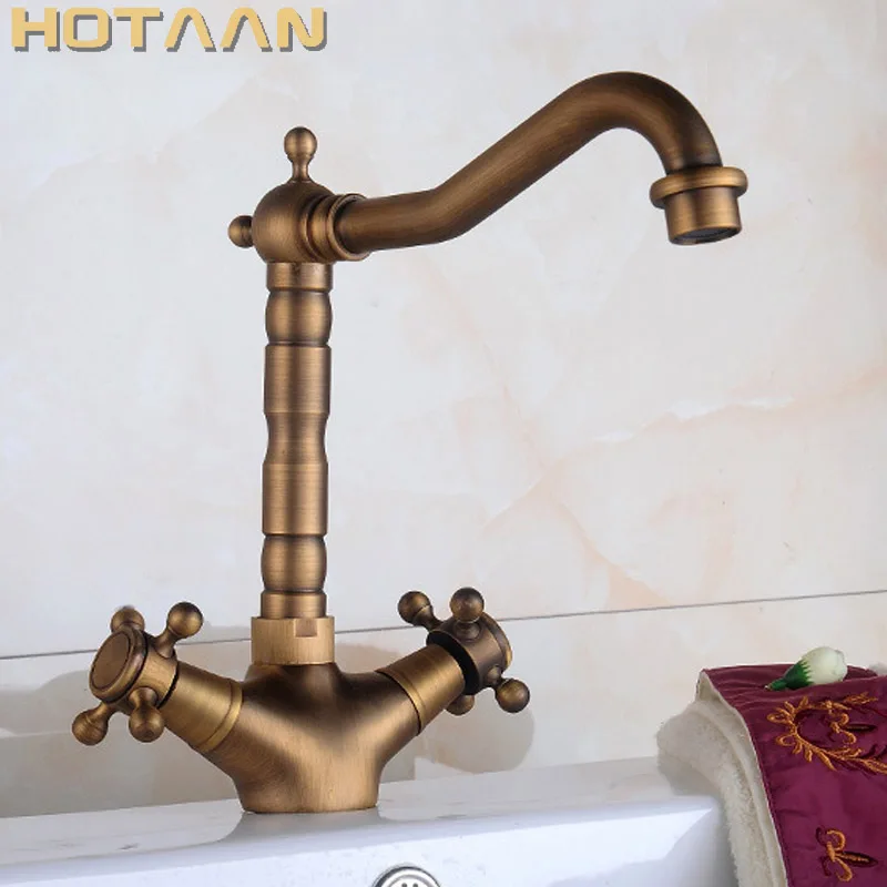  Basin Faucets Antique Brass Bathroom Sink Faucet 360 Degree Swivel Spout Double Cross Handle Bath k