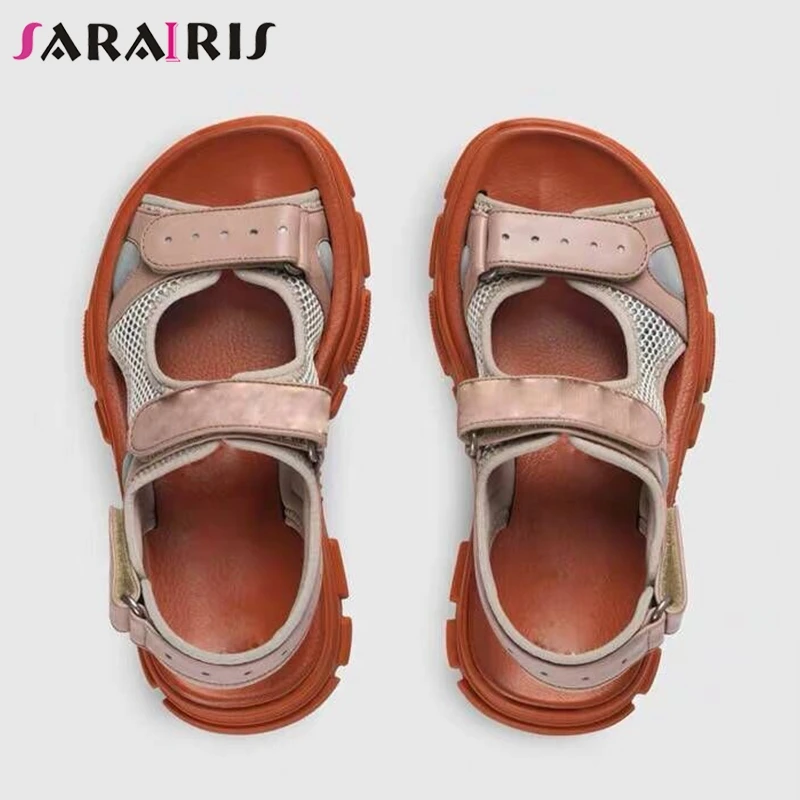 

SARAIRIS 2019 New Brand Flat Platform Sandals Women Split Leather Decorating Summer Crystal Beach Women Wedges Shoes Woman