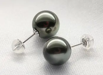 

stunning pair of AAA++ 10-11mm round Tahitian black pearl earring 18/ k