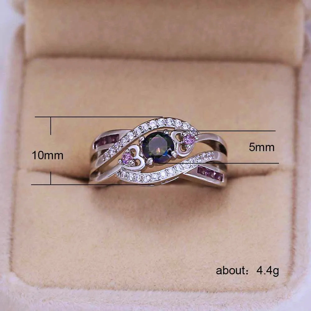

Charm Female Rainbow Round Ring Boho Silver CZ Stone Finger Ring Vintage Party Wedding Heart Rings For Women 2019 New Year Gifts